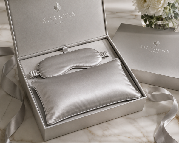 Coffret de Voyage SilvSens en Soie et Fibres d’Argent — Petit Oreiller + Masque de Sommeil