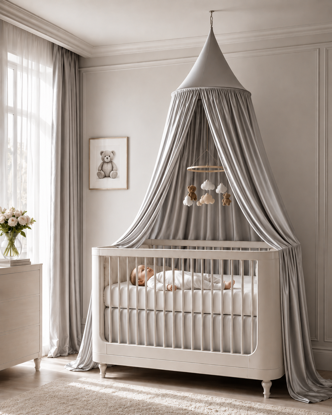 Ciel de Lit Bébé à l’Aspect Soie Argentée | SilvSens