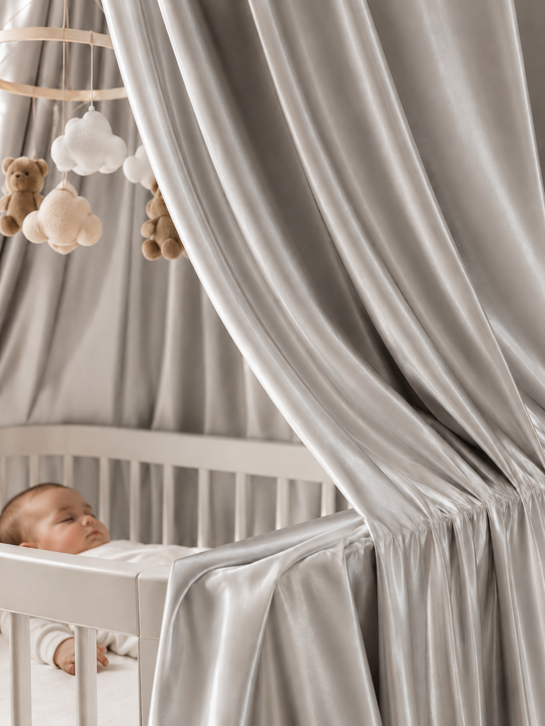 Ciel de Lit Bébé à l’Aspect Soie Argentée | SilvSens